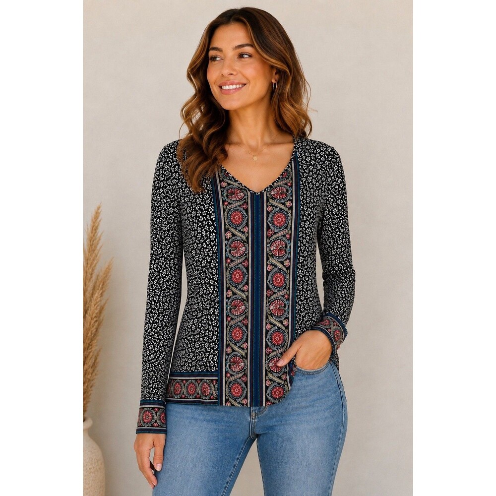 J.Jill Floral Tunic Top Size L Black Boho Border Print Long Sleeve V Neck